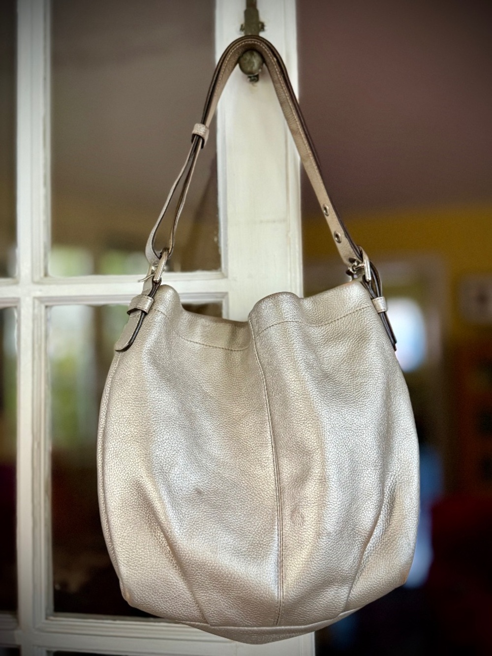 Coach F15064 large metallic silver pebbled leather duffle hobo bag